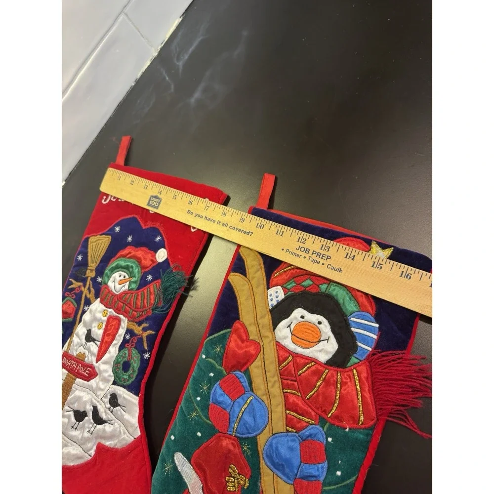 Snowman w Birds Penguin Skiing Christmas Stocking‎ Embroidered Applique Set of 2